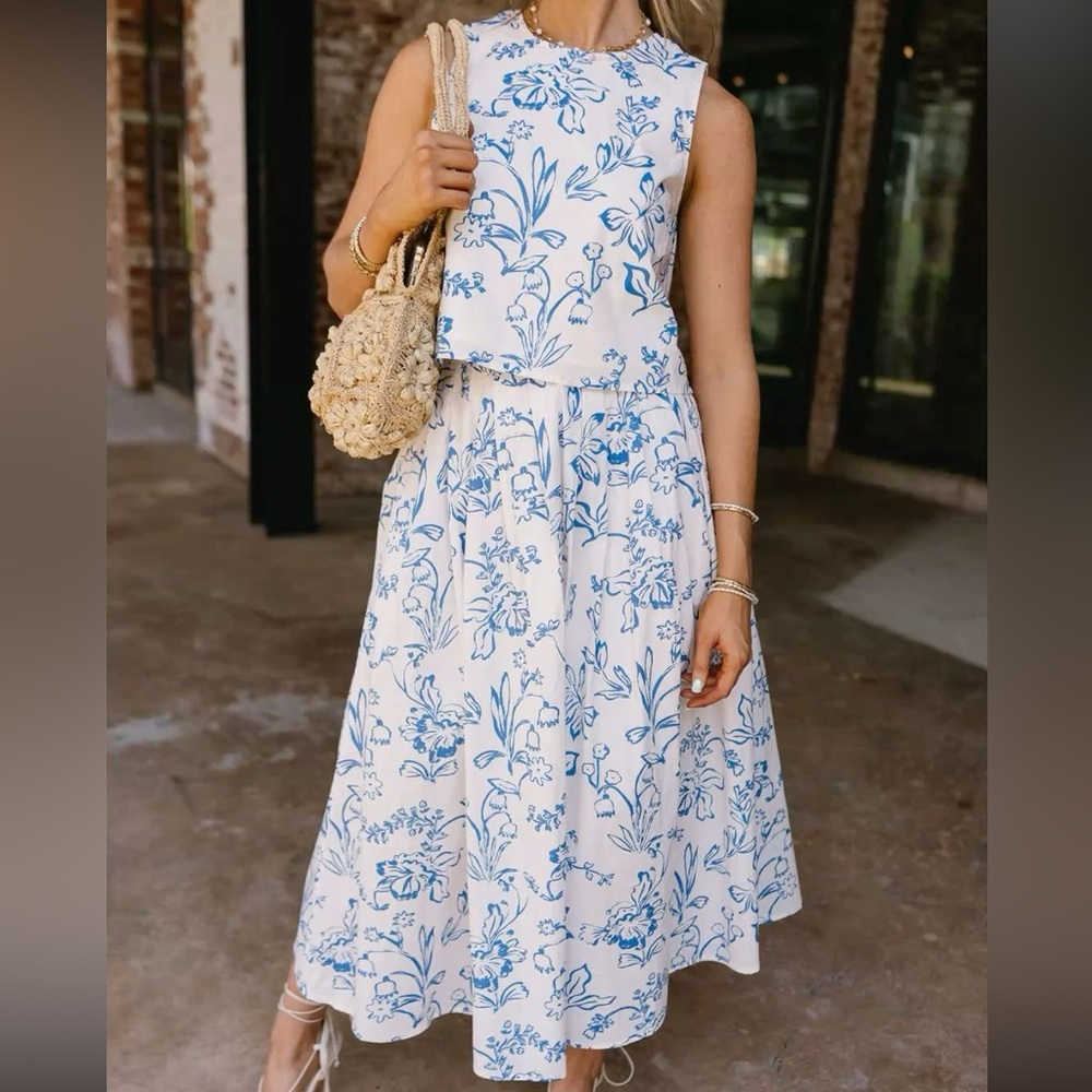 Cream and blue floral skirt set